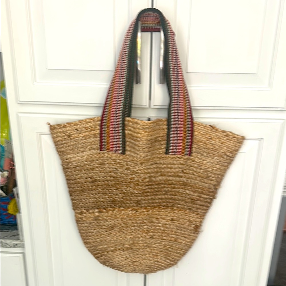 Tan and Red Woven Tote Bag with Leather Handles